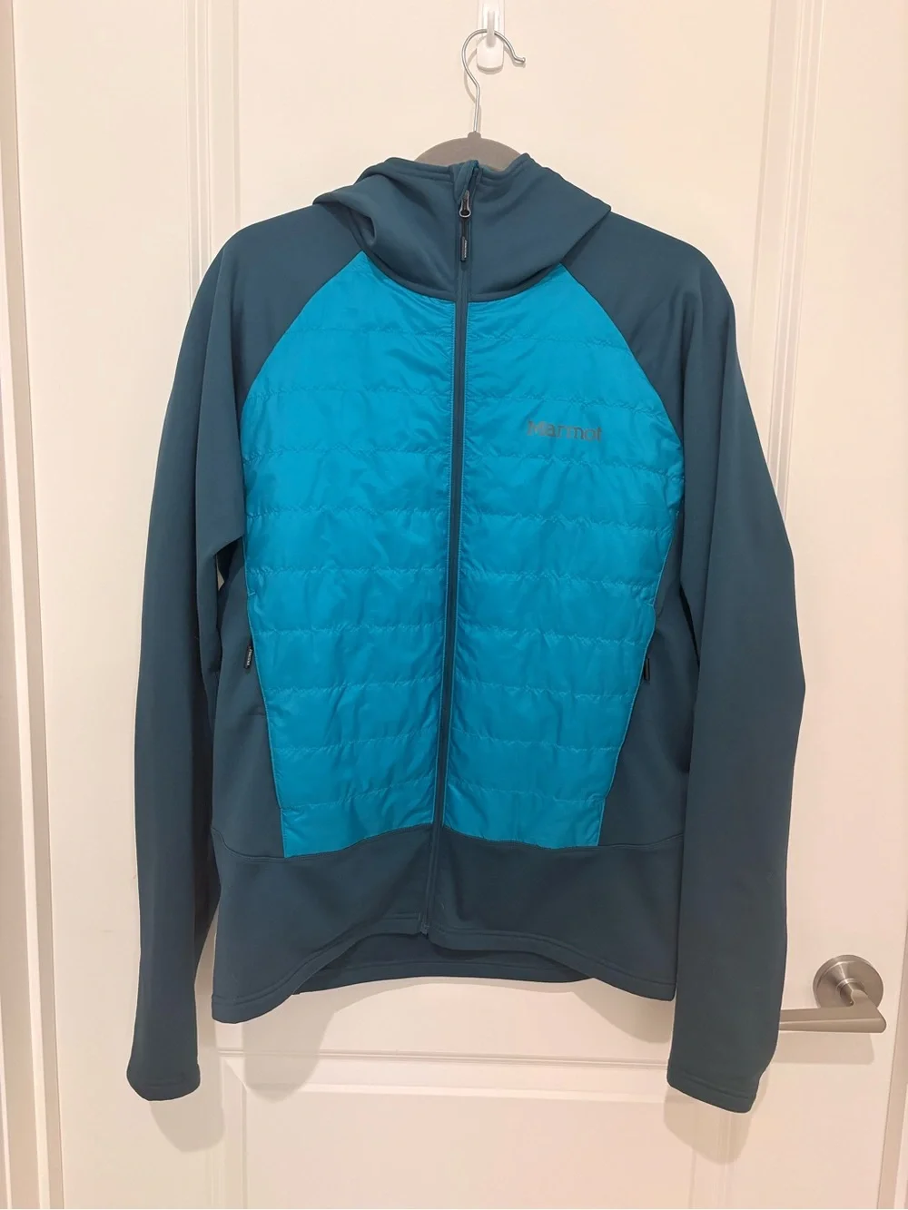Marmot Hooded Hybrid Jacket in Teal and Turquoise